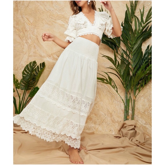 BellanBlue Dresses & Skirts - Boho white ruffle tiered lace maxi skirt Floral